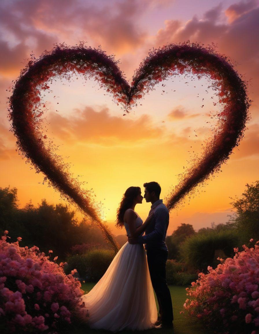 A passionate embrace between two silhouettes, surrounded by soft petals symbolizing romance and desire, with a warm sunset casting a golden glow. Wispy clouds form heart shapes in the sky while flirtatious sparks dance around them, signifying excitement and intrigue. The scene is set in a lush garden, evoking feelings of intimacy and adventure. vibrant colors. super-realistic. soft focus.