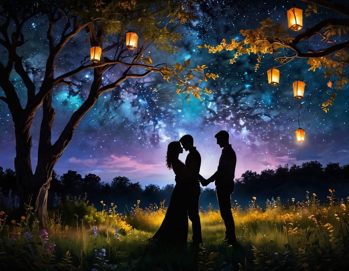 A sensual silhouette of a couple entangled in an embrace under a starry night sky, surrounded by lush wildflowers and glowing lanterns. Their eyes lock in a passionate gaze, symbolizing deep intimacy and connection. Soft, warm light casts a dreamy atmosphere with hints of playful shadows. The scene evokes a sense of adventure and romance, inviting viewers to explore their desires. super-realistic. vibrant colors. dreamy atmosphere.